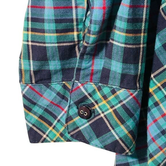 D & co. L aqua blue multi Plaid side tail gusset button front collar shirt - Picture 7 of 11